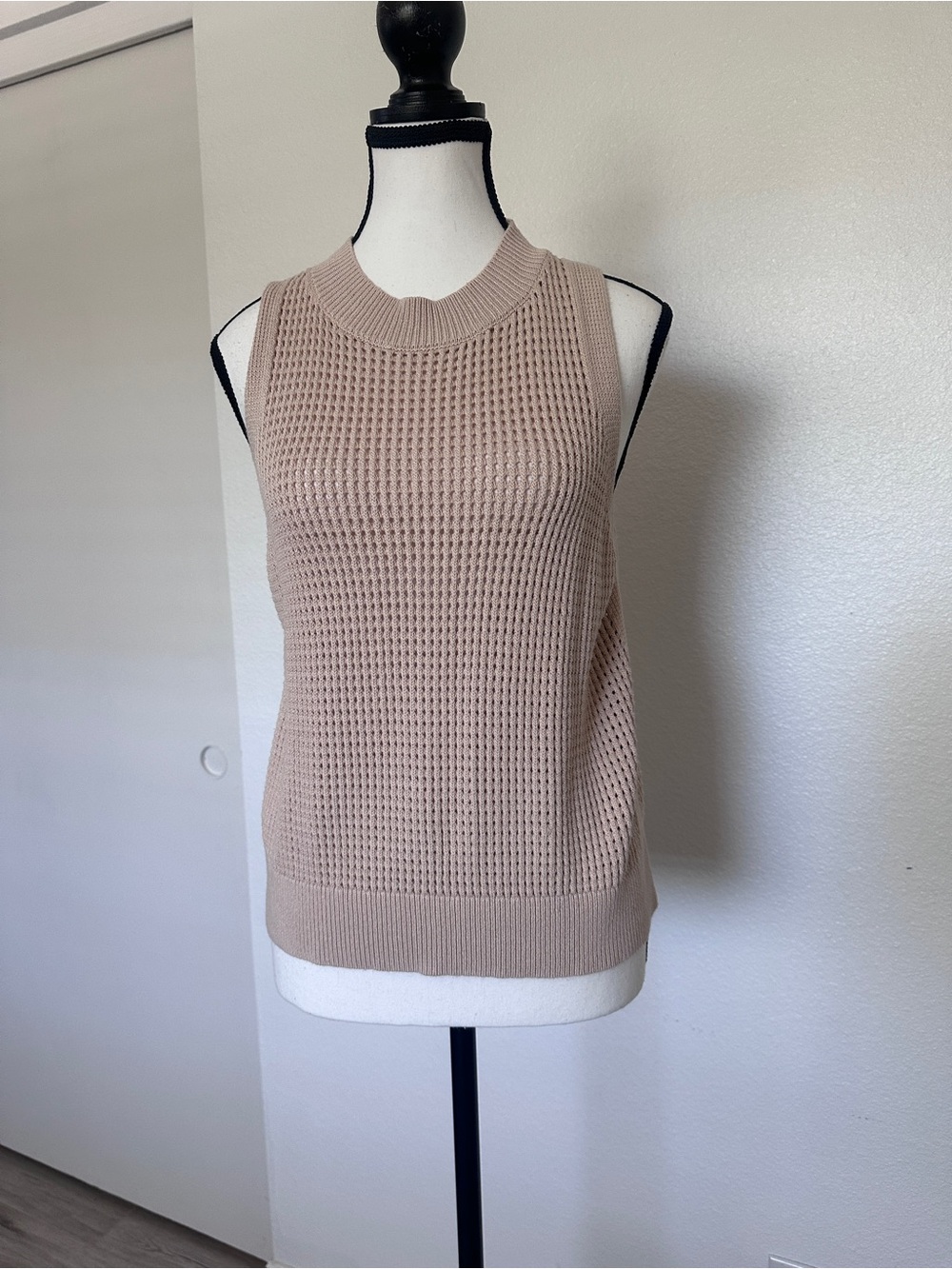Sleeveless Waffle Knit Crewneck Sweater - Taupe